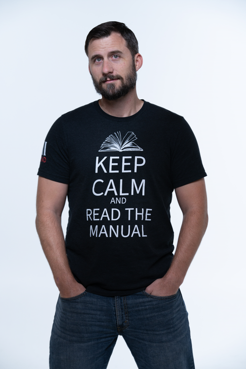 Keep Calm and Read the Manual Tee wht txt